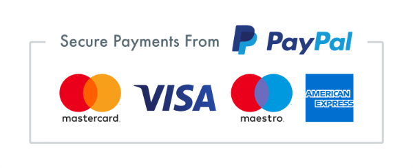 Secure payment with PayPal logo: Pay with Visa, MasterCard, Maestro and American Express